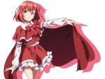  1girl buttons cape closed_mouth collared_shirt feet_out_of_frame frilled_skirt frills gyouza_(mhea5724) long_sleeves okazaki_yumemi red_cape red_eyes red_hair red_skirt red_vest shirt short_hair simple_background skirt smile solo touhou touhou_(pc-98) vest white_background white_shirt 