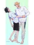  2boys :d absurdres artist_name barefoot black_hair black_shorts blonde_hair buddy_daddies green_background grey_pants highres holding_hands kurusu_kazuki long_sleeves male_focus multiple_boys ookamirr pants shirt short_hair short_sleeves shorts simple_background smile suwa_rei white_background white_shirt 