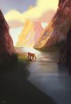  1boy absurdres animal carosapien cloud commentary day english_commentary epona grass highres horse lake landscape link mountain outdoors scenery signature the_legend_of_zelda the_legend_of_zelda:_breath_of_the_wild water 