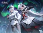  2girls alcohol artist_request aurora azur_lane bat_wings black_gloves black_hair black_pantyhose bottle breasts brown_pantyhose center_opening cleavage coat coat_dress dress elbow_gloves from_below fur-trimmed_coat fur-trimmed_gloves fur_trim gangut_(azur_lane) gloves hair_between_eyes hand_on_hip hat holding holding_bottle large_breasts layered_dress long_hair looking_at_viewer medium_breasts military_hat multicolored_hair multiple_girls official_art pantyhose partially_fingerless_gloves peaked_cap pointy_ears promotional_art red_eyes sevastopol_(azur_lane) skirt_hold sleeveless streaked_hair thigh_strap two-tone_hair very_long_hair vodka white_coat white_hair white_headwear white_uniform wing_hair_ornament wings 