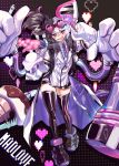  1girl asymmetrical_hair black_background black_hair dissolving_clothes duel_monster goggles goggles_on_head heart highres labcoat mao_uyasunari mechanical_arms multicolored_hair shoes sneakers solo test_tube vanquish_souls_dr._madlove very_long_sleeves white_hair yu-gi-oh! 