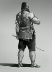  1boy bara bare_back bare_shoulders beard calf costume_request facial_hair facing_away from_below full_body greyscale highres holding holding_sword holding_weapon long_beard male_focus monochrome muscular muscular_male original roman_clothes solo standing sword tooboshoo weapon weapon_request 