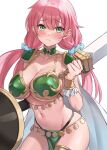  1girl armor bikini bikini_armor blush boku_to_kanojo_no_onani_life bracelet breasts character_request cleavage closed_mouth collar cowboy_shot embarrassed frown gold_trim green_bikini green_eyes hair_ornament hair_scrunchie holding holding_shield holding_sword holding_weapon jewelry kurokin large_breasts long_hair looking_at_viewer low_twintails navel pauldrons pelvic_curtain pink_hair scrunchie shield shoulder_armor simple_background skindentation solo stomach string_bikini sweatdrop swimsuit sword thighs twintails weapon white_background 
