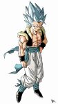 1boy abs baggy_pants black_footwear black_vest bracelet character_request dragon_ball full_body highres jewelry kakeru_(dbskakeru) muscular muscular_male open_clothes open_vest pants shoes simple_background sleeveless solo spiked_hair toriyama_akira_(style) vest white_background white_eyes white_hair white_pants 