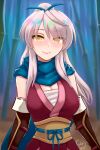  1girl black_gloves blue_background blue_scarf blurry blurry_background breasts ciderwrath cleavage fire_emblem fire_emblem:_radiant_dawn fire_emblem_heroes gloves hair_tie large_breasts long_hair long_scarf looking_at_viewer micaiah_(fire_emblem) micaiah_(ninja)_(fire_emblem) ninja parted_bangs ponytail sash scarf signature smile solo white_hair yellow_eyes 