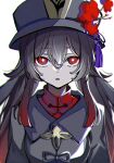  1girl absurdres bright_pupils chromatic_aberration coat commentary flower flower-shaped_pupils genshin_impact grey_coat grey_hair grey_headwear hair_between_eyes hat hat_flower hat_tassel highres hu_tao_(genshin_impact) long_hair long_sleeves looking_at_viewer natsume_hinako parted_lips red_eyes red_theme simple_background solo symbol-shaped_pupils upper_body white_pupils 