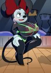  absurd_res anthro areola big_breasts bikini black_body black_eyes bow_ribbon breasts clothing disney female gloves handwear hi_res huge_breasts mammal minnie_mouse mouse murid murine on_one_leg open_mouth penlink purple_areola rodent solo standing swimwear 