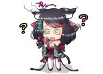  1girl ? @_@ animal_ears azur_lane black_hair black_kimono breasts cat_ears cat_girl cellphone chibi cleavage commentary_request fusou_(azur_lane) japanese_clothes kimono low_twintails nervous_sweating phone ruuru_(fruule) smartphone sweat twintails wavy_mouth 