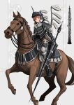  1girl armor armored_boots armored_dress black_dress black_footwear black_headwear boots brown_hair closed_mouth commentary dress english_commentary grey_background haonfest helmet highres holding holding_weapon horseback_riding hussar instrument lance looking_at_viewer oboe original polearm purple_eyes riding short_eyebrows simple_background sitting solo thick_eyebrows thigh_boots weapon 