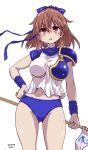  1girl arle_nadja armor blue_bow blue_buruma blush bow breasts brown_eyes brown_hair buruma commentary_request dated groin hair_between_eyes hair_bow hand_on_own_hip heavy_breathing highres holding madou_monogatari medium_breasts parted_lips pauldrons ponytail puyopuyo shirt shoulder_armor signature simple_background single_pauldron solo standing sweat unagiman white_background white_shirt 