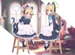  2girls :t alternate_costume animal_ear_headphones animal_ears apron arm_support black_dress black_footwear blonde_hair blue_archive blue_ribbon cat_ear_headphones cat_tail closed_mouth dot_mouth dress enmaided fake_animal_ears frilled_apron frills green_eyes halo hands_on_own_face headphones long_sleeves looking_at_viewer maid maid_headdress marueri mechanical_tail midori_(blue_archive) midori_(maid)_(blue_archive) momoi_(blue_archive) momoi_(maid)_(blue_archive) multiple_girls neck_ribbon on_stool pantyhose pink_eyes pout ribbon short_twintails siblings sidelocks sisters sitting stool tail twins twintails twitter_username white_apron white_pantyhose 