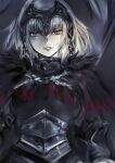  1girl armor armored_dress banner black_dress blonde_hair breasts chain doraeshi dress fate/grand_order fate_(series) fur_collar headpiece highres jeanne_d&#039;arc_alter_(avenger)_(fate) jeanne_d&#039;arc_alter_(fate) looking_at_viewer medium_breasts parted_lips short_hair smile solo yellow_eyes 