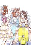  3girls :d ^_^ an_oath_to_my_dear_challengers_(umamusume) animal_ears aston_machan_(haute_couture_memory)_(umamusume) aston_machan_(umamusume) bare_shoulders blue_dress blue_flower blue_rose brown_eyes brown_hair cellphone closed_eyes commentary_request crown daiwa_scarlet_(something_blue)_(umamusume) daiwa_scarlet_(umamusume) dated dress fang flower frilled_dress frills gloves green_eyes grin hair_flower hair_intakes hair_ornament hair_over_one_eye hands_up highres holding holding_phone horse_ears horse_girl horse_tail jacket kishino layered_dress mini_crown moped motor_vehicle multicolored_hair multiple_girls off-shoulder_dress off_shoulder pants pantyhose phone pleated_dress profile rose sandals see-through shadow shoe_soles simple_background sitting sleeveless sleeveless_jacket smile tail tiara twitter_username two-tone_hair umamusume veil vodka_(heart_ignition!!)_(umamusume) vodka_(umamusume) white_background white_dress white_footwear white_gloves white_hair white_jacket white_pants white_pantyhose 
