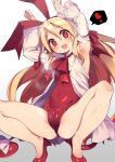  1girl :d armpits arms_up blonde_hair blush cameltoe covered_navel demon_girl demon_tail demon_wings detached_sleeves disgaea fang flonne flonne_(fallen_angel) from_below gradient_background grey_background gummyrise headband heart high_heels highres legs leotard long_hair looking_at_viewer makai_senki_disgaea open_mouth pussy_juice rabbit_pose red_eyes red_footwear red_headband red_leotard red_ribbon ribbon smile solo spoken_heart spread_legs squatting steam strapless strapless_leotard sweat tail tail_ornament tail_ribbon thighs tiptoes white_background wings 