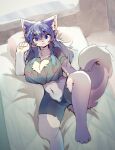  absurd_res anthro bed big_breasts blue_eyes blue_hair bottomwear breasts canid cleavage_cutout clothing female fur furniture grey_body grey_fur hair hi_res huge_breasts kemono looking_at_viewer lying mammal multicolored_body multicolored_fur navel on_back pillow qavc shirt shorts smile solo tail text text_on_clothing text_on_shirt text_on_topwear thick_thighs topwear white_body white_fur 