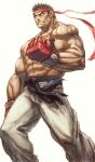  1boy abs angry bingoman black_hair blank_eyes cheekbones clenched_hand dougi facing_ahead feet_out_of_frame forked_eyebrows headband highres male_focus muscular muscular_male pectorals red_headband ryu_(street_fighter) short_hair solo standing street_fighter thick_eyebrows topless_male veins veiny_arms 