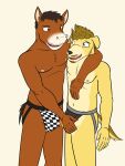  anthro arm_around_shoulders beard canid canine canis checkered_clothing checkered_underwear clothed clothing clyde_(texnatsu) crotch_grab domestic_dog duo equid equine erection erection_under_clothing facial_hair flame_pattern franklin_(texnatsu) fuze grope hi_res horse jockstrap jockstrap_only male male/male mammal mustache navel nipples pattern_clothing pattern_underwear simple_background tenting texnatsu topless underwear underwear_only white_background 