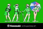  1girl bakuon!! black_skirt blue_hair boots bow braid clothes_writing clothing_cutout collarbone contrapposto cropped_jacket dress english_text full_body green_background green_dress green_shorts green_skirt hair_bow hair_ribbon helmet high_heels highres holding holding_umbrella kawasaki kawasaki_raimu knee_boots long_hair multiple_views name_connection navel one-piece_swimsuit pink_bow planted planted_umbrella product_placement race_queen ribbon sakuma_masanori shorts side_cutout simple_background skirt standing swimsuit two-tone_dress two-tone_skirt umbrella v white_footwear 