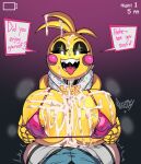  absurd_res animatronic anthro areola avian beakless bib big_breasts bikini bird black_eyeshadow black_sclera bodily_fluids breast_play breasts captainkirb chicken clothing cum cum_on_breasts cum_on_face dialogue duo eyelashes eyeshadow female first_person_view five_nights_at_freddy&#039;s five_nights_at_freddy&#039;s_2 galliform gallus_(genus) genital_fluids genitals glowing glowing_eyes grey_background head_feathers head_tuft hi_res huge_breasts human machine makeup male male/female mammal narrowed_eyes nipple_piercing nipple_ring nipples open_mouth open_smile orange_areola orange_nipples penis phasianid piercing pov_titfuck purple_background purple_bikini purple_clothing purple_swimwear ring_piercing robot rosy_cheeks scottgames sex sharp_teeth simple_background smile speech_bubble swimwear teeth text titfuck tongue tongue_out toy_chica_(fnaf) tuft white_eyes yellow_body 