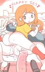  2girls after_sex after_vaginal anus ass blush burger cum cum_in_pussy feet food french_fries highres implied_incest kamiestiia looking_back mcdonald&#039;s mother_and_daughter multiple_girls no_pants nose_blush penis red_hair socks 
