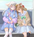  1other 2girls absurdres ahoge animal_ears annytf asymmetrical_legwear badge besidoesart black_socks black_thighhighs blue_hoodie blue_sailor_collar blue_skirt blush bow bowtie brown_cardigan button_badge cardigan cat_tail closed_mouth colored_tips cropped_legs family fox fox_ears green_bow green_bowtie grey_hair grey_sailor_collar grey_skirt hair_between_eyes hair_ornament hair_ribbon hairclip heart heart_hair_ornament highres hood hoodie indie_virtual_youtuber leaning_on_person leaning_to_the_side leg_ribbon light_brown_hair long_hair long_hoodie long_sleeves looking_at_viewer multicolored_hair multiple_girls neuro-sama parted_lips pink_hair pleated_skirt pom_pom_(clothes) puffy_long_sleeves puffy_sleeves purple_eyes purple_sweater red_ribbon ribbon sailor_collar school_uniform serafuku sidelocks single_sock single_thighhigh sitting skirt sleeping sleeping_on_person sleeping_upright socks star_(symbol) star_hair_ornament streaked_hair sweater tail thighhighs train_interior turtle two_side_up uneven_legwear vedal987 virtual_youtuber white_serafuku white_socks white_thighhighs 