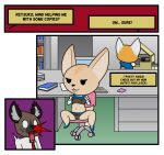  aggretsuko ailurid anthro blood bodily_fluids canid canine clothing comic desk detailed_background female fennec fenneko flashing fox front_view fur furniture grey_body grey_fur group haida_(aggretsuko) hi_res hyena lace lace_panties male mammal nosebleed office office_clothing panties red_panda retsuko sanrio shocked sitting standing table tan_body tan_fur teot text underwear yellow_body yellow_fur 