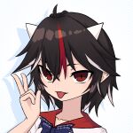  1girl ahoge black_hair bow bowtie collarbone commentary horns kijin_seija looking_at_viewer multicolored_hair red_eyes red_hair short_hair slit_pupils solo strangenovel streaked_hair tongue tongue_out touhou upper_body w white_background white_hair 