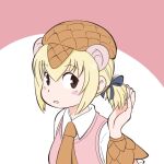  1girl alternate_hairstyle blonde_hair blue_bow blush bow brown_eyes brown_necktie cabbie_hat extra_ears giant_pangolin_(kemono_friends) hair_between_eyes hair_bow hat kemono_friends long_sleeves morinexxx necktie pangolin_ears pink_vest ponytail scales shirt short_hair sidelocks sleeve_cuffs solo vest white_shirt 