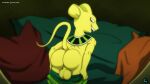  anthro balls big_balls bottomwear butt clothing dragon_ball dragon_ball_super genitals hi_res looking_at_viewer looking_back male mammal mouse murid murine open_mouth pants presenting presenting_hindquarters prismanoodle_(artist) quitela rodent smile solo topwear yellow_body 