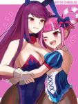  2girls ;d adapted_costume animal_ears blue_leotard blunt_bangs breasts chocojax cleavage commentary_request detached_collar detached_sleeves facial_mark fake_animal_ears fingerless_gloves fire_emblem fire_emblem_engage gloves grin hair_rings heart highres hortensia_(fire_emblem) ivy_(fire_emblem) large_breasts leotard long_hair looking_at_another multiple_girls one_eye_closed open_mouth pantyhose pink_eyes pink_hair playboy_bunny puffy_short_sleeves puffy_sleeves purple_eyes purple_hair rabbit_ears short_sleeves siblings sisters smile strapless strapless_leotard very_long_hair white_gloves 
