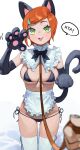  1girl absurdres animal_ears animal_hands apron ben_10 bikini black_bikini black_bow black_bowtie black_gloves bow bowtie breasts breasts_apart cat_ears cat_tail elbow_gloves fake_animal_ears fake_tail fang feet_out_of_frame frilled_apron frills gloves green_eyes gwendolyn_tennyson hair_ornament hairclip highres leash looking_at_viewer medium_breasts micro_bikini nia_(nia4294) orange_hair parted_lips paw_gloves shadow short_hair side-tie_bikini_bottom skindentation smile solo_focus speech_bubble swimsuit tail thighhighs white_apron white_background white_thighhighs 