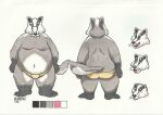  2022 anthro badger belly big_belly black_body black_nose butt clothing facial_hair fivespot grey_body hi_res male mammal model_sheet moobs mustache mustelid musteline navel nipples overweight overweight_male solo underwear white_body 