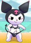  anthro beach bikini black_bikini black_clothing black_swimwear blush bulge clothing clothing_pull crossgender fur genitals hi_res humanoid_genitalia humanoid_penis kuromi lagomorph leporid male mammal mincheeto onegai_my_melody penis poking_out rabbit sanrio sea seaside semi-anthro solo swimwear swimwear_pull water white_body white_fur 