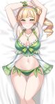  1girl armpits bare_shoulders bed_sheet bikini blonde_hair blunt_bangs blush bow bow_bikini breasts breasts_apart closed_mouth collarbone commentary_request commission detached_sleeves feet_out_of_frame fingernails green_bikini green_bow green_eyes groin hair_bun hair_ornament hairband halterneck heanna_sumire highres jewelry kibihimi long_hair looking_at_viewer love_live! love_live!_superstar!! lying medium_breasts navel necklace official_alternate_costume official_alternate_hairstyle on_back pendant see-through side-tie_bikini_bottom side_ponytail single_side_bun skeb_commission smile solo star_(symbol) star_hair_ornament star_necklace stomach swimsuit thigh_gap white_hairband wrist_cuffs 