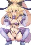  1girl absurdres blonde_hair blush breasts cameltoe cleavage elbow_gloves embarrassed fate/grand_order fate_(series) gloves highres long_hair looking_at_viewer mash_kyrielight mash_kyrielight_(dangerous_beast) navel open_mouth purple_thighhighs shadowverse sidelocks simple_background small_breasts smile sofina_(shadowverse) solo thighhighs toracake04 white_background yellow_eyes 