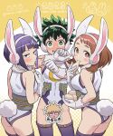  1boy 2023 2girls ass audio_jack bakugou_katsuki blush boku_no_hero_academia breasts brown_eyes brown_hair censored character_censor food gloves green_eyes green_hair jirou_kyouka medium_breasts midoriya_izuku mochi multiple_girls nightcat novelty_censor open_mouth playboy_bunny purple_hair rabbit_tail short_hair smile tail thighhighs uraraka_ochako white_gloves 