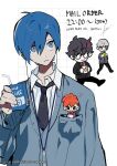  1girl 3boys amamiya_ren black_hair black_necktie blue_eyes blue_hair btmr_game cardigan closed_mouth collared_shirt earphones glasses grey_hair hair_between_eyes highres holding juice_box long_sleeves minigirl multiple_boys narukami_yuu necktie opaque_glasses persona persona_3 persona_3_portable persona_4 persona_5 pocket red_hair shiomi_kotone shirt signature simple_background sketch white_background white_shirt yuuki_makoto 