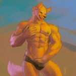  abs ainro anthro biceps blonde_hair canid canine canis clothing domestic_dog eyes_closed hair hand_in_underwear hand_on_chest hand_on_crotch male mammal muscular muscular_male navel nipples pecs pose smile solo speedo standing swimwear tail underwear yellow_body 