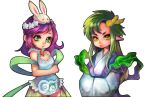  1boy 1girl animal_hat breasts carrot_necklace cc423 chinese_clothes cleavage copyright_request dragon_horns green_eyes green_hair hat head_wreath horns jewelry lipstick long_hair makeup necklace pink_hair rabbit_hat white_background wide_sleeves yellow_eyes 
