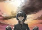  1girl androgynous backlighting bangs bei_ju_luoxuan_wan black_eyes black_hair black_jacket black_undershirt close-up cloud cloudy_sky commentary dusk empty_eyes gakuran gradient_sky hair_between_eyes hanamonogatari highres jacket long_sleeves looking_at_viewer monogatari_(series) naoetsu_high_school_uniform narrowed_eyes orange_sky oshino_ougi outdoors parted_lips pink_sky portrait school_uniform short_hair sky sleeves_past_fingers sleeves_past_wrists solo sunset twilight w_arms 