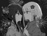  2girls aerial_fireworks alternate_hairstyle blush bow braid closed_mouth commentary earrings eye_contact fireworks flower greyscale hair_bow hair_flower hair_ornament hairpin hand_fan highres holding holding_fan inoue_takina japanese_clothes jewelry kimono kizaki0730 long_hair long_sleeves looking_at_another lycoris_recoil monochrome multiple_girls nishikigi_chisato parted_lips short_hair sidelocks stud_earrings twitter_username underwear yukata yuri 