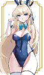  1girl animal_ears arm_behind_back blonde_hair blue_archive blue_bow blue_bowtie blue_eyes blue_leotard bow bowtie breasts covered_navel cowboy_shot detached_collar fake_animal_ears halo highres leotard long_hair looking_at_viewer medium_breasts open_mouth playboy_bunny rabbit_ears solo takimoto_yukari thighhighs toki_(blue_archive) v white_thighhighs wrist_cuffs 