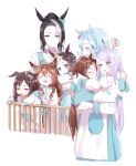 6+girls :3 aged_down ahoge animal_ears animal_hood apron baby blue_hair blue_skirt blush braid braided_bun brown_hair carrying child_carry closed_eyes cradle crown_braid drooling ears_down hair_bun hood horse_ears horse_girl horse_tail long_hair long_sleeves looking_at_viewer mejiro_ardan_(umamusume) mejiro_bright_(umamusume) mejiro_dober_(umamusume) mejiro_mcqueen_(umamusume) mejiro_palmer_(umamusume) mejiro_ramonu_(umamusume) mejiro_ryan_(umamusume) mole mole_under_eye multicolored_hair multiple_girls onesie open_mouth pacifier romi_(346_ura) short_hair simple_background skirt sleep_bubble sleeping smile streaked_hair sweater tail tail_through_clothes thought_bubble umamusume white_background white_sweater zzz 