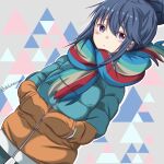  1girl absurdres blue_hair blue_jacket blue_scarf closed_mouth down_jacket dutch_angle green_scarf grey_background hair_between_eyes hair_bun hands_in_pockets highres jacket looking_at_viewer multicolored_clothes multicolored_scarf purple_eyes red_scarf scarf shikinnsonn shima_rin solo striped striped_scarf twitter_username upper_body uroko_(pattern) yurucamp 
