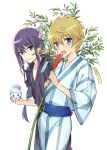  2boys alternate_costume black_eyes black_hair blonde_hair blue_eyes bracelet branch collarbone flynn_scifo food hair_between_eyes holding holding_branch holding_food japanese_clothes jewelry kimono long_hair looking_at_viewer low_ponytail male_focus motoko_(ambiy) multiple_boys sausage shaved_ice short_hair smile striped tales_of_(series) tales_of_vesperia tanabata utensil_in_mouth white_background yuri_lowell 