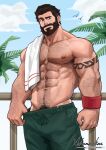  1boy abs absurdres akunaakun_(kunkun586586) arm_hair arm_tattoo artist_name bara beard black_hair chest_hair cloud day facial_hair graves_(league_of_legends) green_male_swimwear hairy highres large_pectorals league_of_legends male_focus male_pubic_hair male_swimwear male_swimwear_pull mature_male muscular muscular_male navel_hair official_alternate_costume outdoors pectorals pool_party_graves pubic_hair pulled_by_self short_hair sky solo tattoo topless_male towel towel_on_one_shoulder wristband 