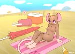  anthro beach breasts brown_body brown_fur female fur hi_res mammal milachu milachu92 mouse murid murine nude nude_beach pink_eyes public public_nudity rodent sand seaside solo solo_focus 