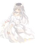  1girl closed_mouth detached_sleeves dress flower grey_eyes grey_hair highres light_smile long_hair lpip original puffy_short_sleeves puffy_sleeves short_sleeves simple_background solo strapless strapless_dress very_long_hair white_background white_dress white_flower white_sleeves 