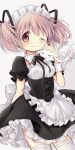  &gt;3&lt; 1girl :3 absurdres apron black_dress dress highres hitode kaname_madoka kyubey mahou_shoujo_madoka_magica maid maid_apron maid_headdress one_eye_closed pink_eyes pink_hair solo thighhighs thighs white_apron white_background white_headdress white_thighhighs 