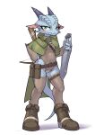  2023 anthro blush breasts clothed clothing digital_media_(artwork) female female_anthro footwear full-length_portrait hi_res holding_object holding_sword holding_weapon horn kemono kobold legwear looking_at_viewer melee_weapon piercing portrait reptile sat_v12 scales scalie scar simple_background solo sword thigh_highs translated_description weapon white_background 